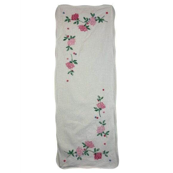 Vintage White Linen Table Runner Pink Floral Embroidery Dresser Scarf - Picture 1 of 10